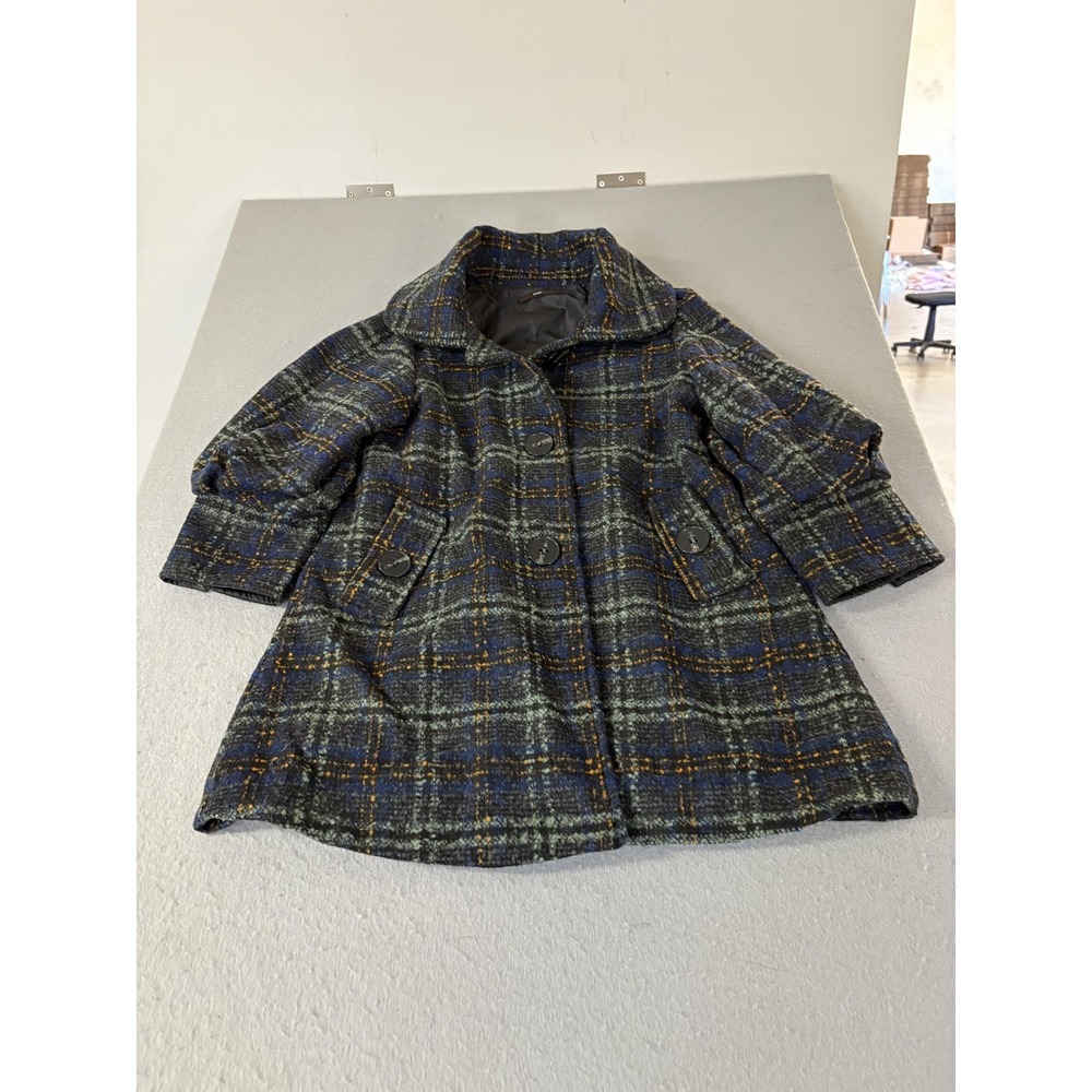 Hazel Coat‎ Womens Small Blue Green Plaid Button Front Lined A-Line Swing Collar